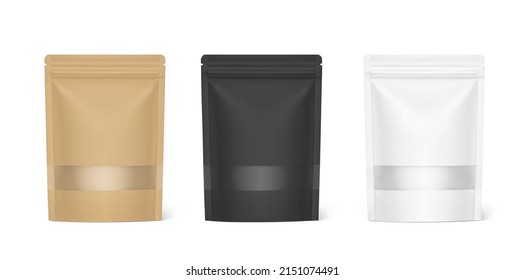 Pouch bag mockups with ziplock and transparent window mockup isolated on white background. Vector illustration. Front view. Can be use for template your design, presentation, promo, ad. EPS10.	