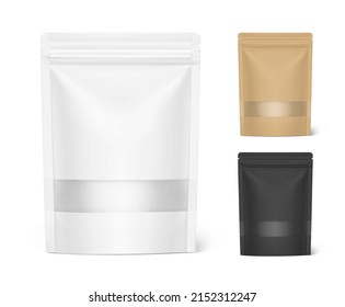 Pouch bag mockups with ziplock and transparent window mockup isolated on white background. Vector illustration. Front view. Can be use for template your design, presentation, promo, ad. EPS10.	