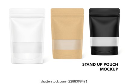 Pouch bag mockups with ziplock and transparent window mockup isolated on white background. Vector illustration. Front view. Can be use for template your design, presentation, promo, ad. EPS10.	