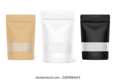 Pouch bag mockups with ziplock and transparent window mockup isolated on white background. Vector illustration. Front view. Can be use for template your design, presentation, promo, ad. EPS10.	