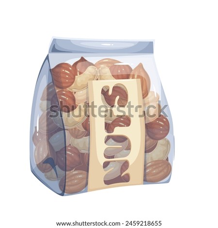 Pouch bag of nuts, cartoon lunch food package. Funny transparent plastic pack of hazelnuts, almond and cashews from lunchbox, cartoon dry nuts snack of children for school break vector illustration