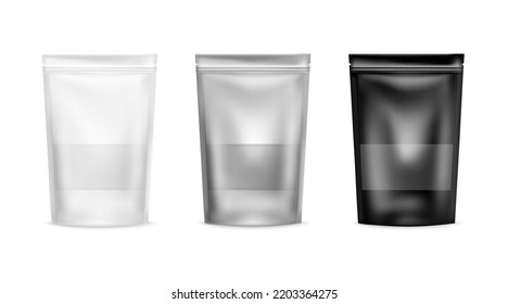 Paquete de bolsa de bolsos. Modelación clara en blanco, aluminio y embalaje negro. Deslizador de café Kraft. Contenedores de mercancías plásticas transparentes. Vista frontal del sobre de cierre. Conjunto de paquetes de productos de vector