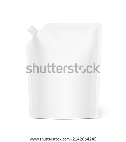 Pouch bag with spout cap mockup. Vector illustration isolated on white background. Front view. Perfect to make final pack shot your product. EPS10.	