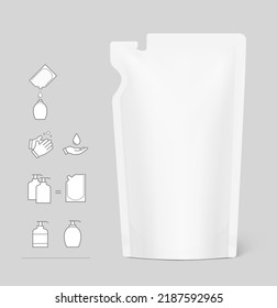 Pouch bag with torn corner. Vector illustration. Perfect for final pack shot. Can be use for refilling soap, liquids. The corner is easy to tear off by hand. EPS10.