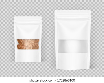 Pouch bag with ziplock and transparent window mockup on transparent background. Vector illustration. Front view. Can be use for template your design, presentation, promo, ad. EPS10.