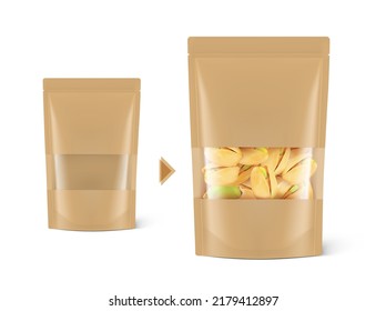 Pouch bag with ziplock and window mockup isolated on white background. Vector illustration. Can be use for template your design, presentation, promo, ad. EPS10.