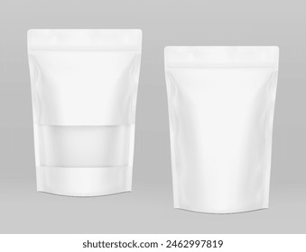 Pouch bags with clear window mockups on grey background. With the transparent window and screen mode overlay, it's easy to make a realistic mockup of your product. Vector illustration. EPS10.