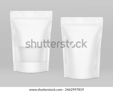 Pouch bags with clear window mockups on grey background. With the transparent window and screen mode overlay, it's easy to make a realistic mockup of your product. Vector illustration. EPS10.