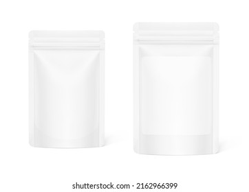 Pouch bags with label isolated on white background. Vector illustration. Front view. Can be use for template your design, presentation, promo, ad. EPS10.	