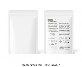Pouch bags mockup isolated on white background. Vector illustration. Front and rear views. Can be use for template your design, presentation, promo, ad. EPS10.	
