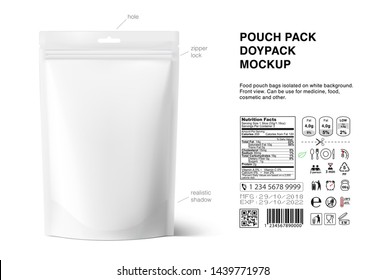 Pouch bags mockup with nutrition facts isolated on white background. Vector illustration. Front and rear views. Can be use for template your design, presentation, promo, ad. EPS10.	
