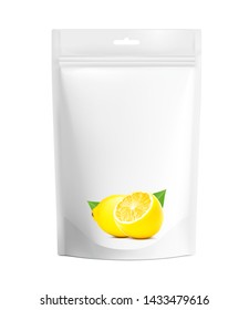 Pouch bags mockup with slice lemon isolated on white background. Vector illustration. Front view. Can be use for template your design, presentation, promo, ad. EPS10.	