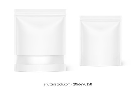 Pouch bags with transparent window mockups on white background. Vector illustration. Front view. Can be use for template your design, presentation, promo, ad. EPS10.	