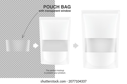 Pouch bags with transparent window mockups on white background. With the transparent window and screen mode overlay, it's easy to make a realistic mockup of your product. Vector illustration. EPS10.