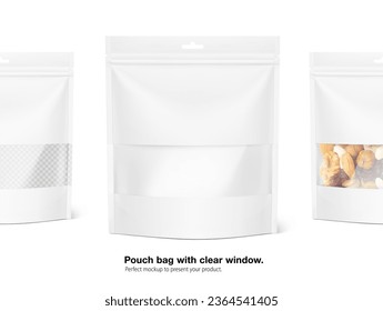 Pouch bags with transparent window mockups on white background with sample. Screen mode overlay, it's easy to make a realistic mockup of your product. Vector illustration. EPS10.