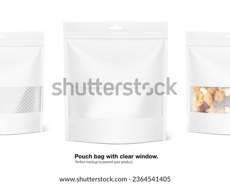Pouch bags with transparent window mockups on white background with sample. Screen mode overlay, it's easy to make a realistic mockup of your product. Vector illustration. EPS10.