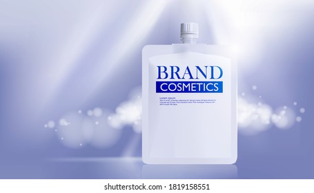 bolsa con tapón sobre fondo azul o banner para anuncios cosméticos. Prima cosmética azul. Marca de productos de maquillaje. Ilustración 3D.