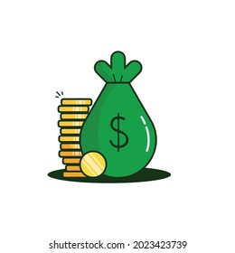 Pouch And Gold Coins With Money On A White Background. Finance Concept. Can Be Used As An Icon.