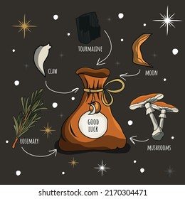 A pouch for good luck. Ingredients for the potion. Alchemy. Magic. Rosemary, tourmaline, tooth, mushrooms, moon. The time of witchcraft. Witch's potion.