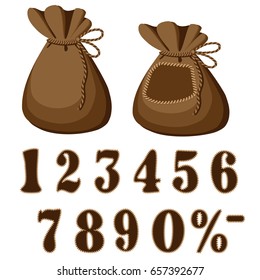 A pouch made of leather for money tied with a lace and numbers stitched with threads for discounts. A vector illustration.