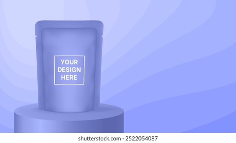 Pouch mockup on a violet podium or pedestal. Wavy pattern and gradient shades, dynamic curve shape. Vector illustration with editable colors. Product display. Foil bag, plastic sachet