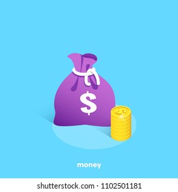 a pouch with money and a pile of gold coins, an isometric image
