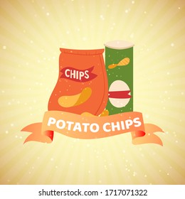 Bolsa de papas fritas con banner sobre fondo retro para la ilustración vectorial de la cafetería de comida rápida. Bolsa de crujientes papas fritas anuncio de comida basura callejera.