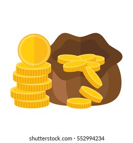 Pouch or sack full of money with falling gold coins. Vector icon illustration. Wealth or savings purse symbol in flat design.