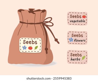 Pouch of seeds. A bag for seeds of vegetables, herbs and flowers.Vector hand drawn colorful illustration, clip art in doodle flat style. Theme of spring, gardening, farming, agriculture
