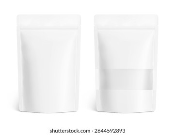 Pouch stand bag with transparent window mockup. Vector illustration isolated on white background. Easy to make a realistic mockup of your product. Ready for your design. EPS10.