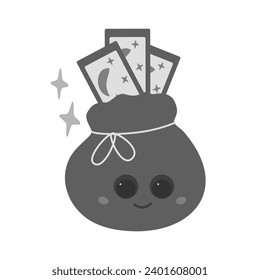 Pouch with Tarot cards and decorative stars. Cute magic character in cartoon style in grayscale