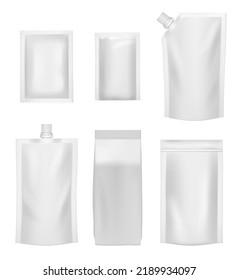 Pouches for food. Plastic packages white mockup templates decent vector realistic illustrations