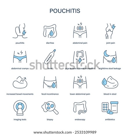 Pouchitis symptoms, diagnostic and treatment vector icon set. Medical icons.