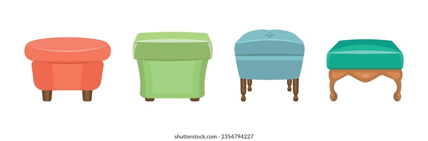 Pouf and Upholstered Ottoman with Wooden Legs Vector Set