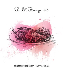 Poulet Basquaise watercolor effect illustration. Vector illustration of French cuisine.