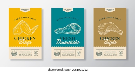 Poultry Abstract Vector Packaging Labels Design Set. Modern Typography Banner, Hand Drawn Chicken Wing, Drumstick Leg and Thigh Sketch Silhouettes. Color Paper Background Layouts Collection. Isolated.