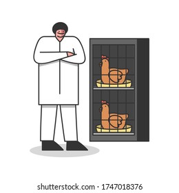 Poultry breeding farm production. Organic meet and eggs industry business. Factory worker control birds on nest. Agriculture working process. Flat vector illustration