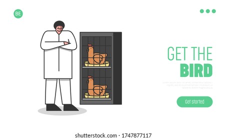 Poultry breeding farm production website landing page template. Organic meet and eggs business. Factory worker control birds on nest. Template flat vector illustration