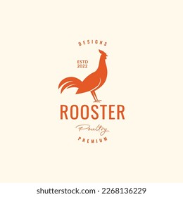 poultry chicken rooster feather long tails crowing hipster vintage logo design vector icon illustration