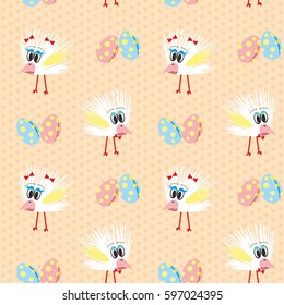 poultry chicken white egg on a yellow background in a spot speckled, vector seamless pattern