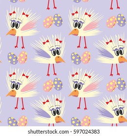 poultry chicken white eggs in a speck speckles on a purple background vector seamless pattern