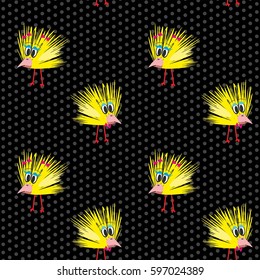 poultry chicken yellow on a black background in a speck, speckled, vector seamless pattern
