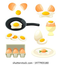 Poultry eggs set. Flat icons of cooked and raw hen eggs, scrambled egg on a pan, omelet, egg stand, poached, broken and sliced. Different types of egg dishes. Vector farm food