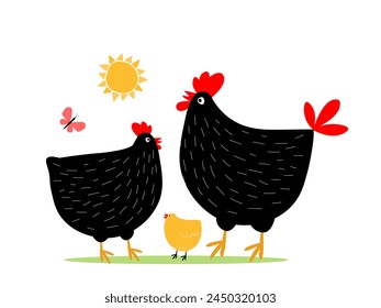 Poultry family. Cute abstract rooster with hen and little chick together. Vector graphics.