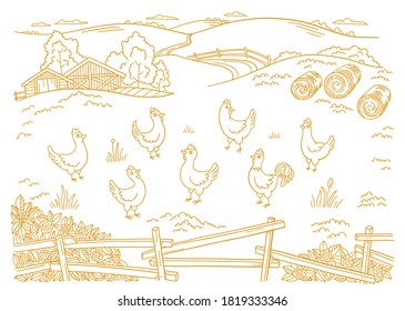 Poultry farm. Chicken factory. Free grazing. Barnyard. Village rural countryside landscape. Rustic fence. Hand drawn sketch. Contour vector line.