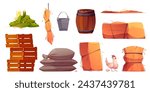Poultry farm design elements set isolated on white background. Vector cartoon illustration of wooden crate and barrel, metal bucket, sacks, haystack, funny hen with egg, village barn constructor