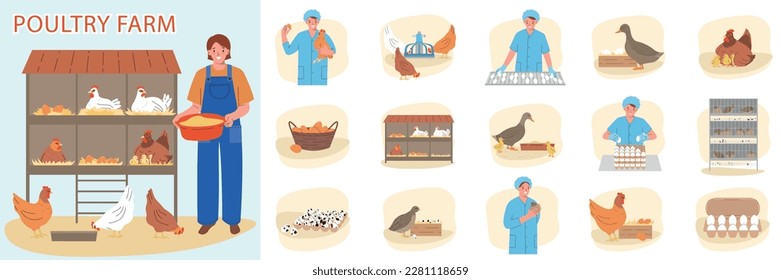 Poultry farm eggs production composition set with various domestic birds and workers flat isolated vector illustration