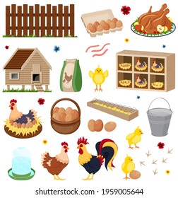 Poultry farm elements set. Chicken coop and hays on white background. Chicken Coop Hen Chicks