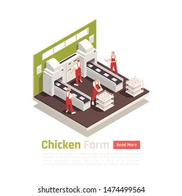 Poultry farm industrial production facility with chicken meat on automated conveyor belt packaging system isometric vector illustration  