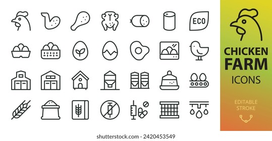 Poultry farm isolated icons set. Set of chicken coop, eggs, feed bin, feed and feeders, chick, poultry drinking, incubator for hatching eggs, henhouse, chicken carcass, wings, legs vector icons